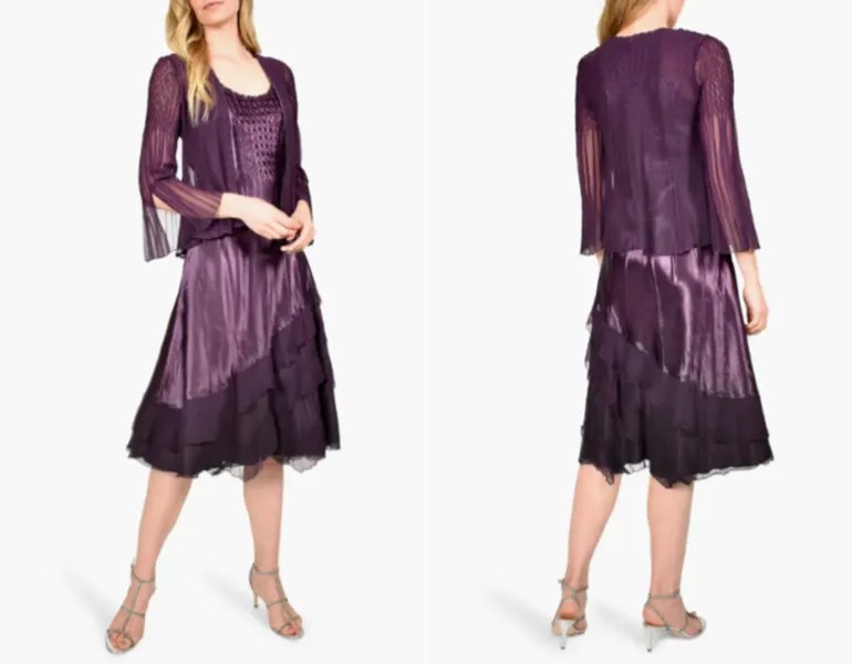 KOMAROV Фиолетовый КОМПЛЕКТ из 2 предметов Коктейльное платье из шармёзного шифона с многоярусным подолом + куртка XL