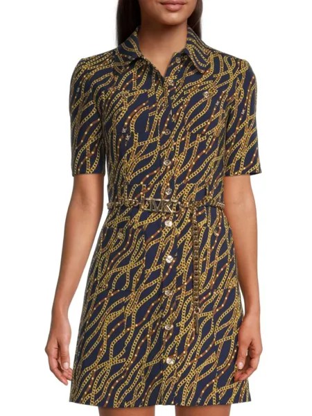 Платье-рубашка с поясом и принтом цепочки Michael Kors, цвет Midnight Blue Multi