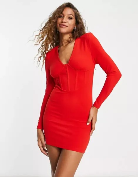 Красное мини-платье с глубоким V-образным вырезом и корсетом Public Desire