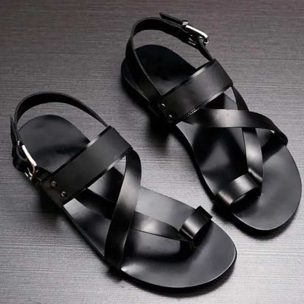 Мягкие кожаные римские гладиаторы на плоской подошве; Черные пляжные сандалии, удобная обувь для отдыха