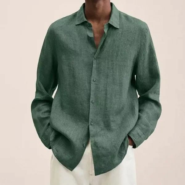 Льняная однотонная Осенняя рубашка с длинным рукавом и отложным воротником на пуговицах в стиле ретро, Мужская блузка, сексуальные топы