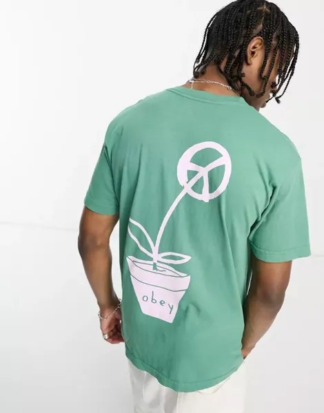 Зеленая футболка Obey с принтом в виде мирных цветов на спине