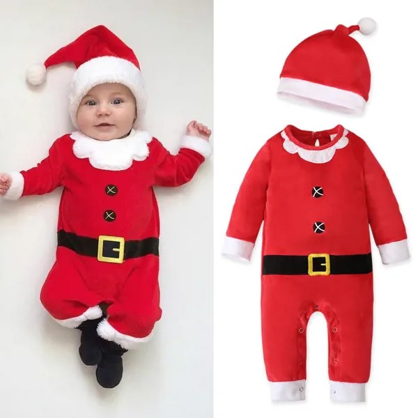 Детский рождественский костюм Красный ромпер Мальчик Девочки С длинным рукавом Комбинезоны + Шляпы 2шт Верхняя одежда для одежды на 0-24 месяца
