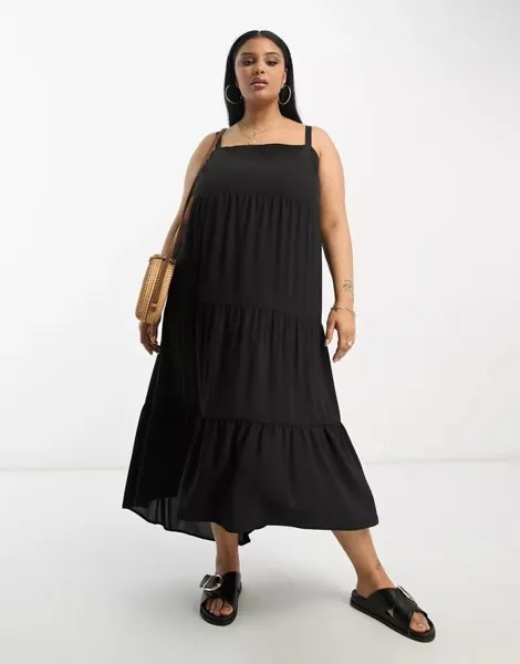 Черное многоярусное платье макси с глубоким краем сзади ASOS DESIGN Curve