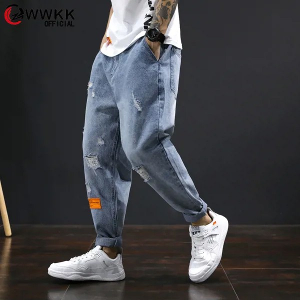 Брюки-шаровары WWKK 2020 в стиле хип-хоп, уличные, мужские, свободные, с дырками, джоггеры, джинсовые, повседневные, потные, по щиколотку, брюки в К...