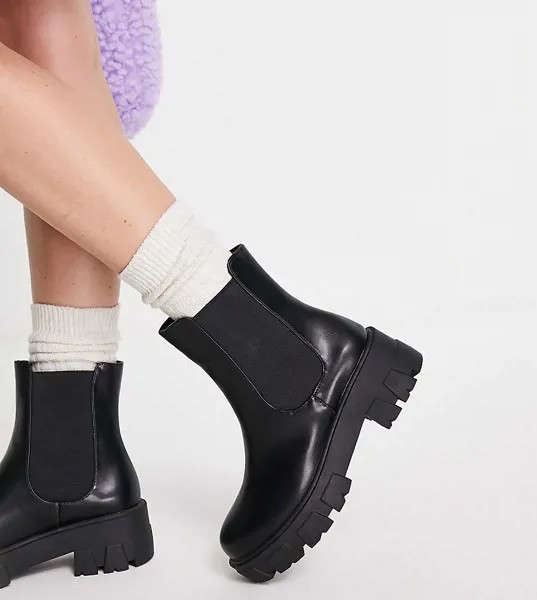 Черные ботинки челси на массивной подошве для широкой стопы Glamorous Wide Fit-Черный