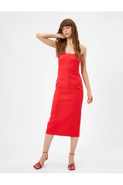 Вечернее платье без бретелек длины миди с разрезом и деталями Koton, красный