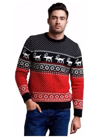 Мужской свитер, классический скандинавский орнамент с Оленями и снежинками, натуральная шерсть, красный, черный цвет, размер L