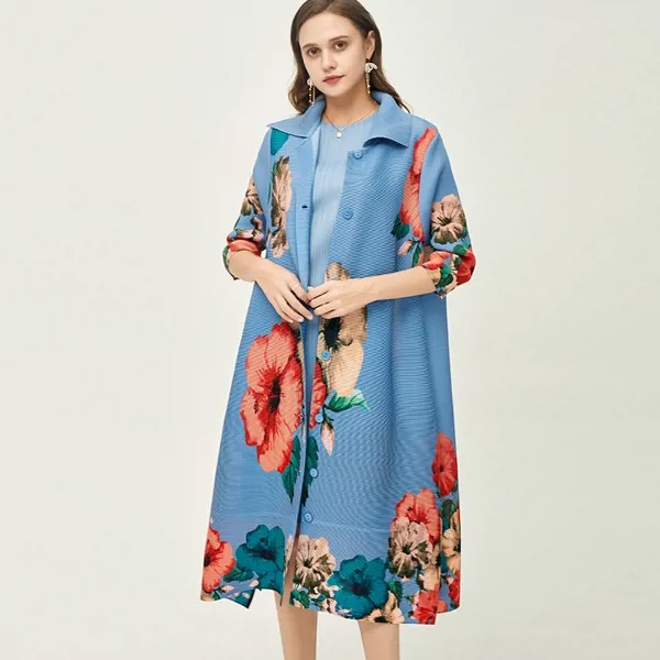 Женский однобортный плащ с отложным воротником, элегантная свободная эластичная верхняя одежда с большим цветочным принтом, осень 2022