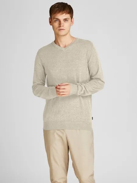 Лонгслив Jack & Jones Dünner Langarm Strickpullover V Neck Basic Sweater JJEEMIL, светло серый