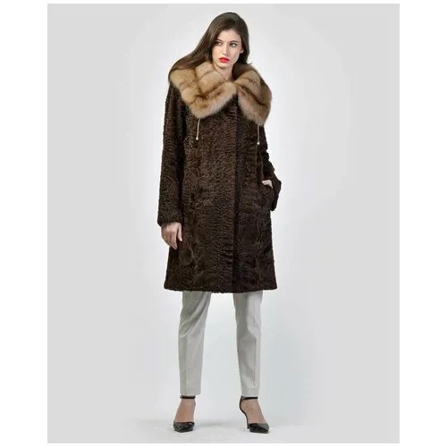 Пальто LANGIOTTI, каракуль, силуэт прилегающий, пояс/ремень, размер 44, коричневый