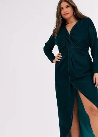Бархатное платье макси с длинными рукавами и узлом ASOS DESIGN Curve-Зеленый цвет