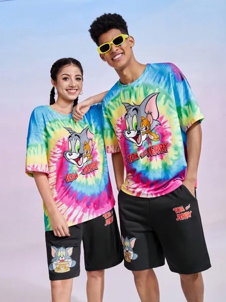 SHEIN унисекс 1 шт. футболка с мультяшным принтом Tie Dye, зеленый