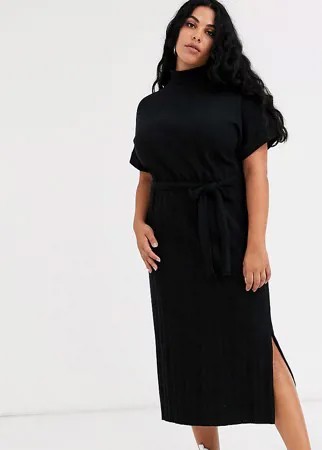 Платье-футболка миди в рубчик с поясом эксклюзивно для ASOS DESIGN Curve-Черный