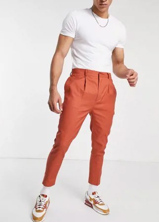 Суженные книзу строгие брюки из льна рыжего цвета ASOS DESIGN-Коричневый цвет
