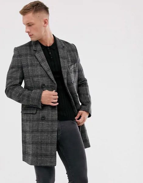 Двубортное премиум-пальто в клетку с добавлением шерсти French Connection-Серый