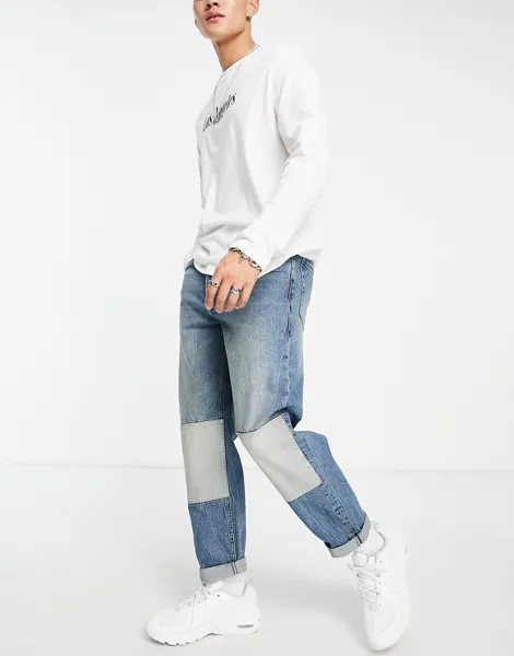 Выбеленные джинсы свободного кроя с накладками Topman-Голубой