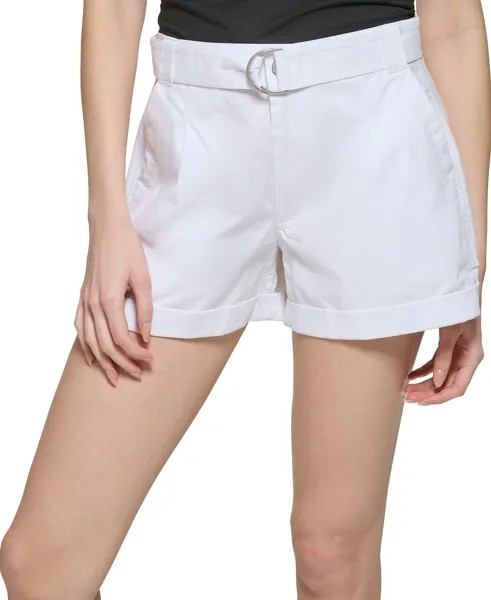 Женские однотонные хлопковые шорты с поясом и манжетами DKNY Jeans, белый