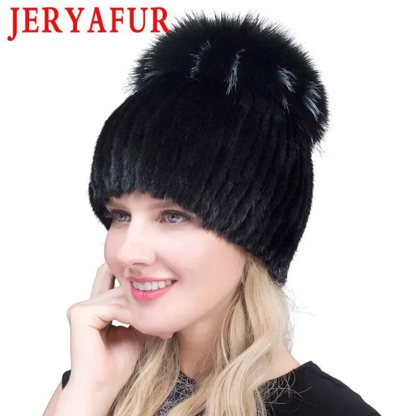 JERYAFUR Real Норка Мех помпон Шляпа женская мода Фокс Мех Зимние шляпы для женщин толстые теплые вязание beanies