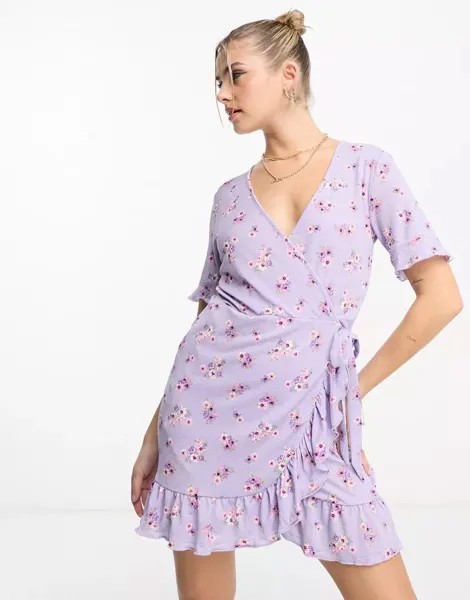 Эксклюзивное сиреневое мини-платье с запахом JDY с винтажным цветочным принтом