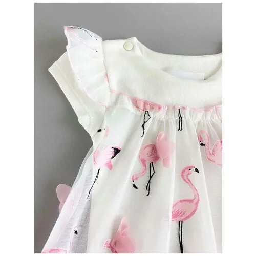 Нарядное боди-платье для девочки с коротким рукавом из хлопка и кружева, белое, молочное, Фламинго 22 (68-74) 3-6 мес.