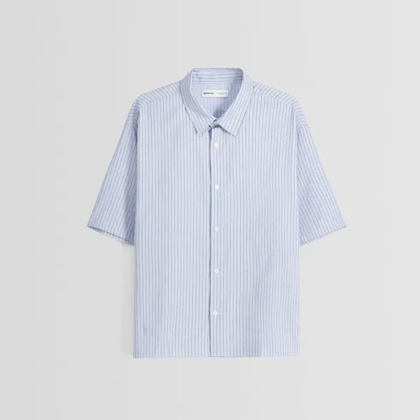 Рубашка Bershka Striped Short Sleeve Oxford, голубой/серый