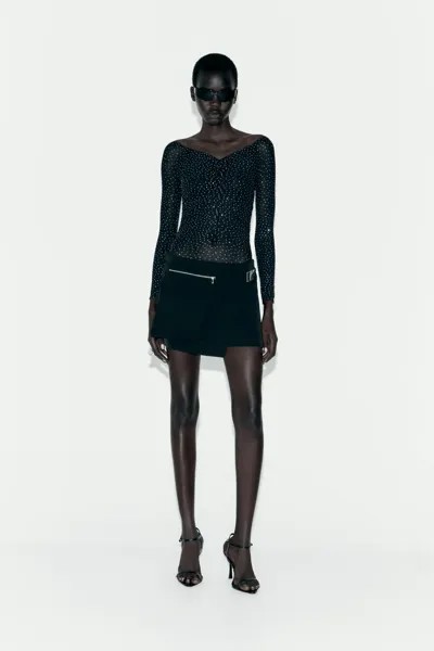 Сеточное бесшовное боди со стразами ZARA, черный