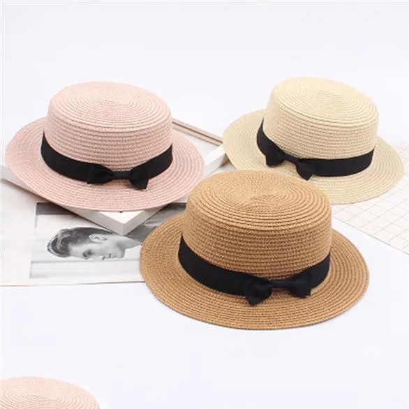 Британский стиль Ретро Соломенная шляпа Квартира Top Hat Bow Knot Декор Летний пляж Шляпа Простой родитель-ребенок шляпы