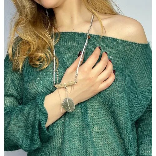 Колье, агат, длина 110 см., бирюзовый, экрю