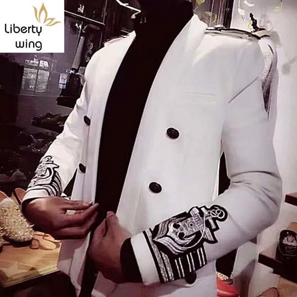 Модный мужской белый осенний Новый Двубортный повседневный приталенный Блейзер с вышивкой из Epaulet, мужской костюм-блейзер