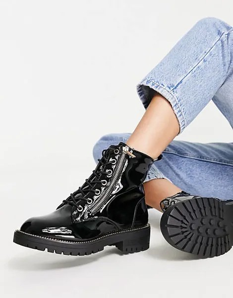 Черные лакированные ботинки на плоской шнуровке New Look