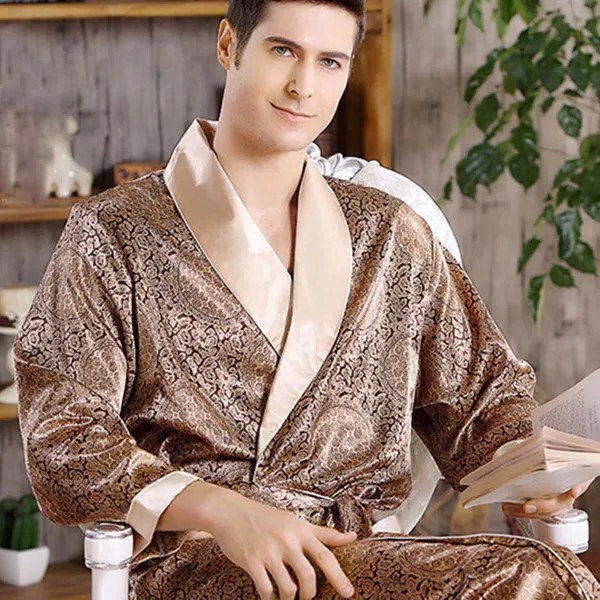 Ночная рубашка мужская атласная, халатный халат-кимоно, повседневная одежда для сна с цветочным принтом, домашняя одежда золотого цвета 3XL, ...