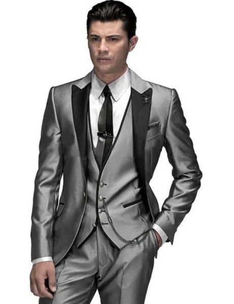 Смокинг для жениха 2016 года по индивидуальному заказу, серебряный костюм, мужской костюм для шафера с заостренным лацканом, костюм для свадь...