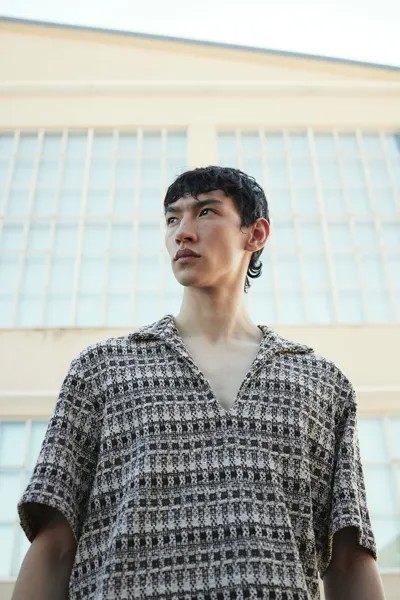 Твидовая рубашка-поло свободного кроя H&M, черный