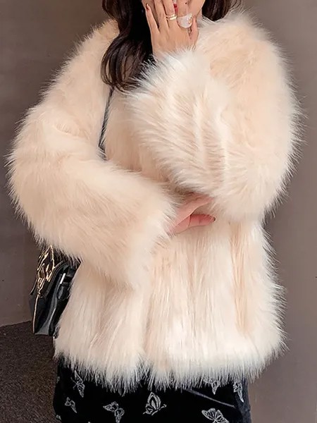 Milanoo Faux Fur Coats For Women White Long Sleeves Hooded Polyester Apricot Short Winter Coat