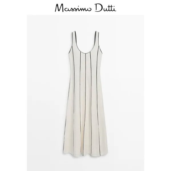 Летняя новинка Massimo Dutti 2024, женское повседневное полосатое праздничное льняное платье-жилет без рукавов на талии 06699699250, цвет Белый