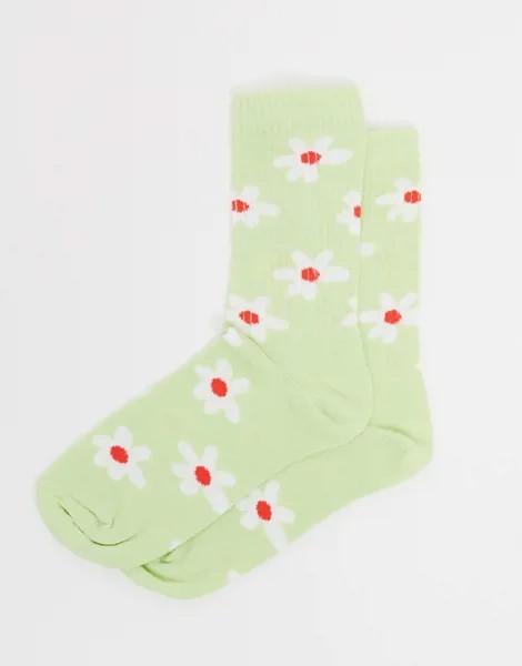 Высокие носки в рубчик зеленого цвета с цветочным рисунком ASOS DESIGN-Зеленый цвет