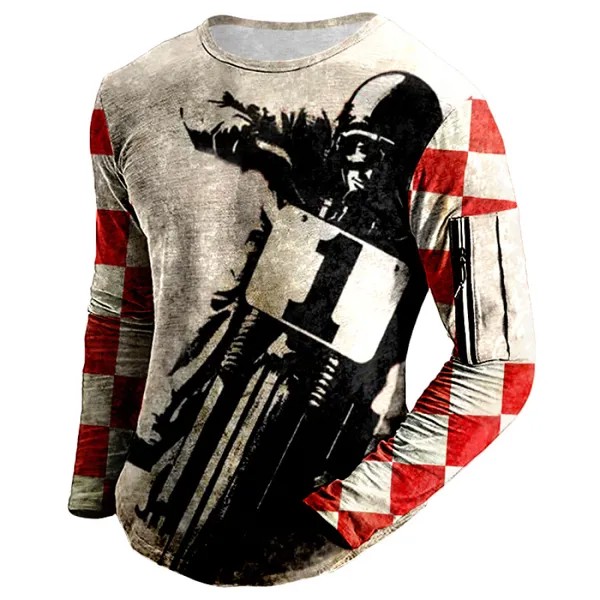 Мужская уличная футболка с длинными рукавами и вышивкой в шахматную клетку для мотоциклов