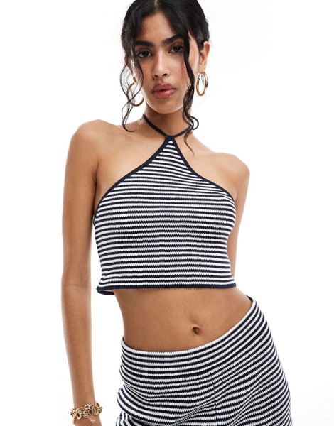 Топ Asos Design Knitted Halter Neck In Stripe Co-ord, темно-синий/белый