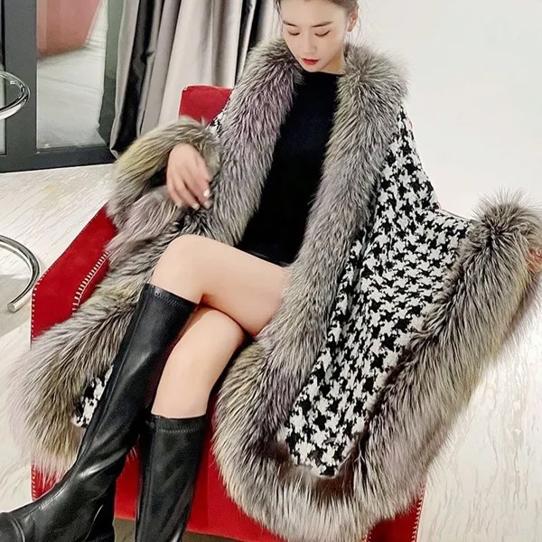 Lugentolo пончо и накидки из искусственного меха женская зимняя корейская мода свободная пушистая твидовая шаль плащ меховое пальто