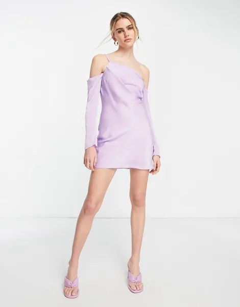 Асимметричное атласное мини-платье с открытыми плечами ASOS DESIGN лилового цвета