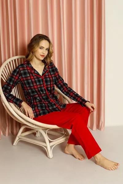 Женский пижамный комплект, клетчатый верх на пуговицах, однотонный низ с рисунком, хлопок, сезонный W20502277 ahengim, красный