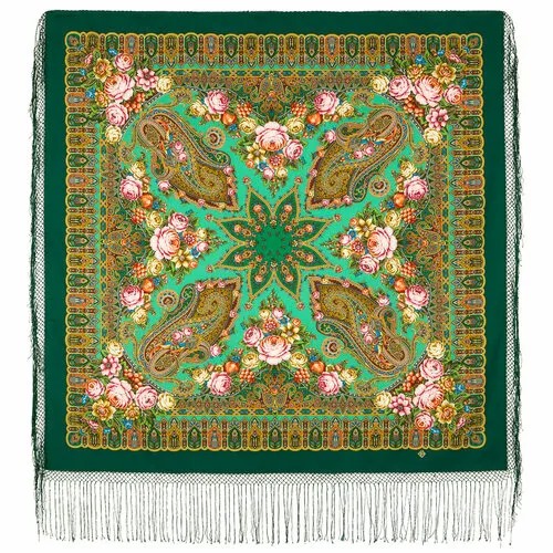 Платок Павловопосадская платочная мануфактура,148х148 см, горчичный, зеленый