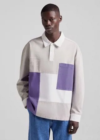 Серое oversized-поло в стиле регби с дизайном пэчворк Bershka-Серый