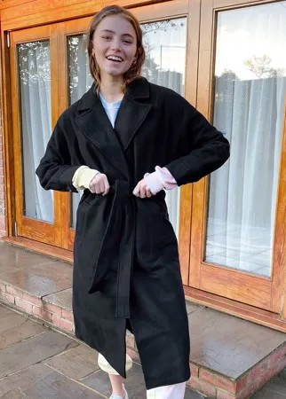 Черное пальто макси с заниженной линией плеч и поясом New Look-Черный
