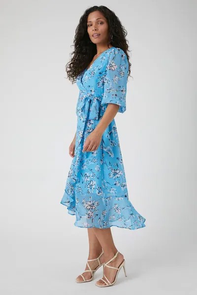 Миниатюрное синее платье миди с запахом и оборками с цветочным принтом Wallis, синий