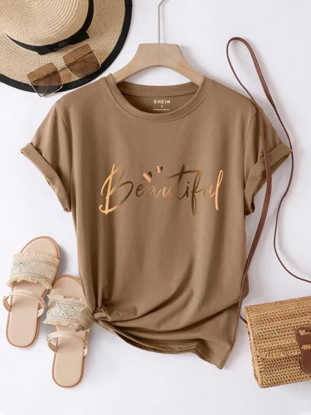 SHEIN EZwear женская футболка, буквенный узор, короткий рукав, цвет мокко