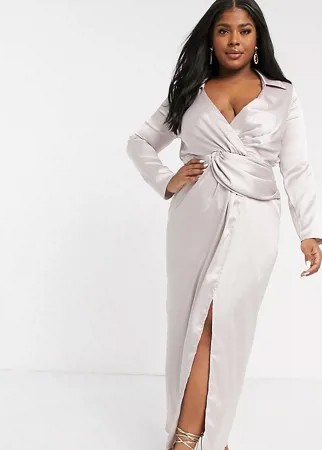 Ассиметричное платье-рубашка макси с глубоким вырезом и перекрученной деталью спереди Flounce London Plus-Серый