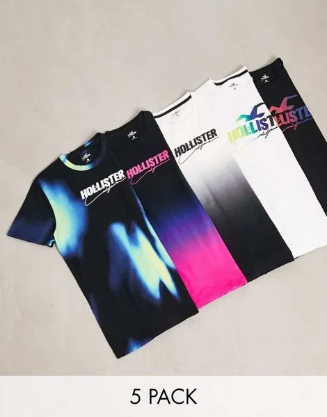 Набор из 5 однотонных футболок с принтом «омбре»/кислотной окраски Hollister