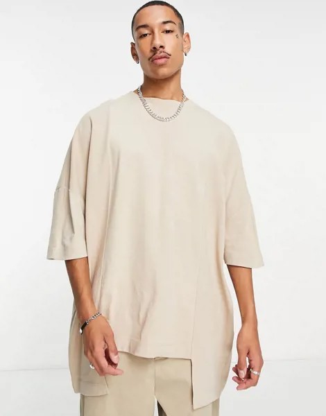 Бежевая футболка в стиле extreme oversized с ассиметричным нижним краем ASOS DESIGN-Светло-бежевый цвет